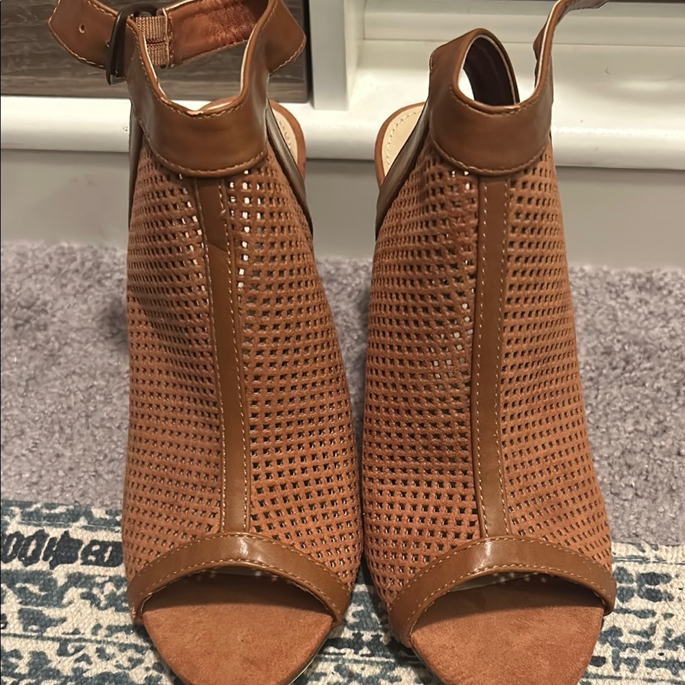 JustFab Tan Perforated Ankle Heels